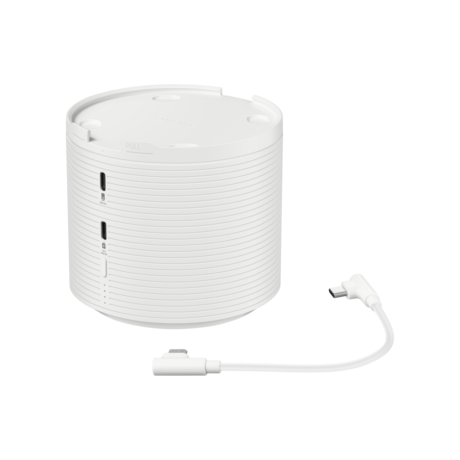 Wit cilindrisch apparaat met poorten en witte kabel met connectoren.