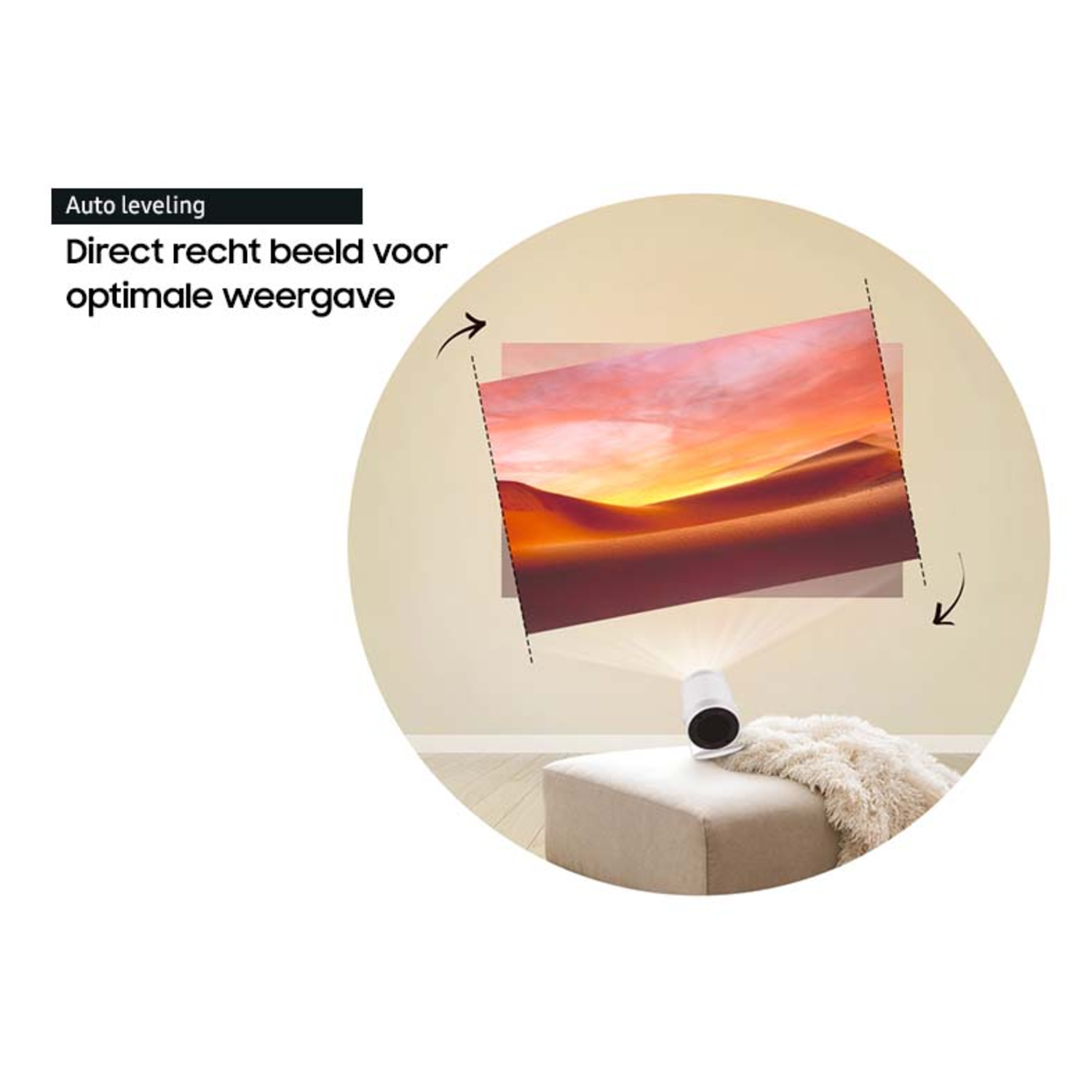 Een projector geeft een afbeelding op een muur weer. Tekst zegt automatisch nivelleren en direct beeld.