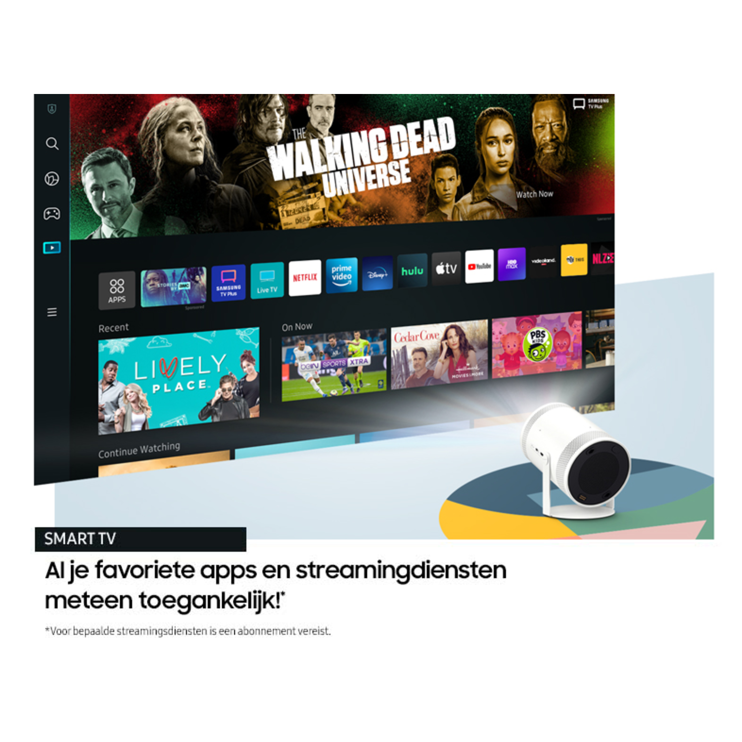 Een witte projector die een tv-scherm met apps en content weergeeft.