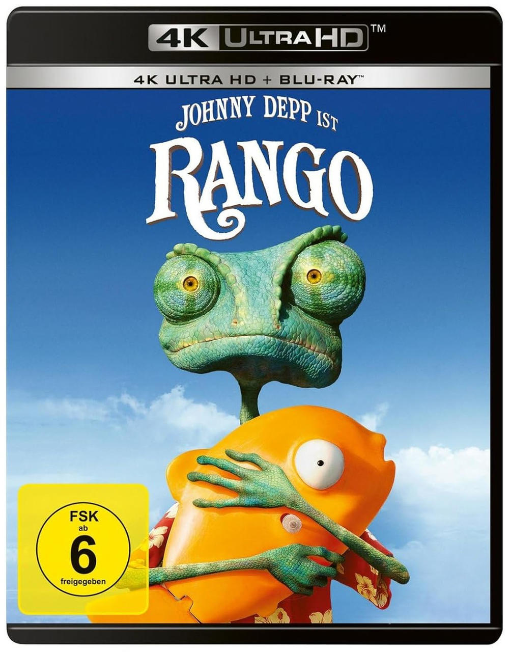 Filmcover für Rango, Johnny Depp im Titel. Ein Chamäleon und Fisch auf dem Cover.