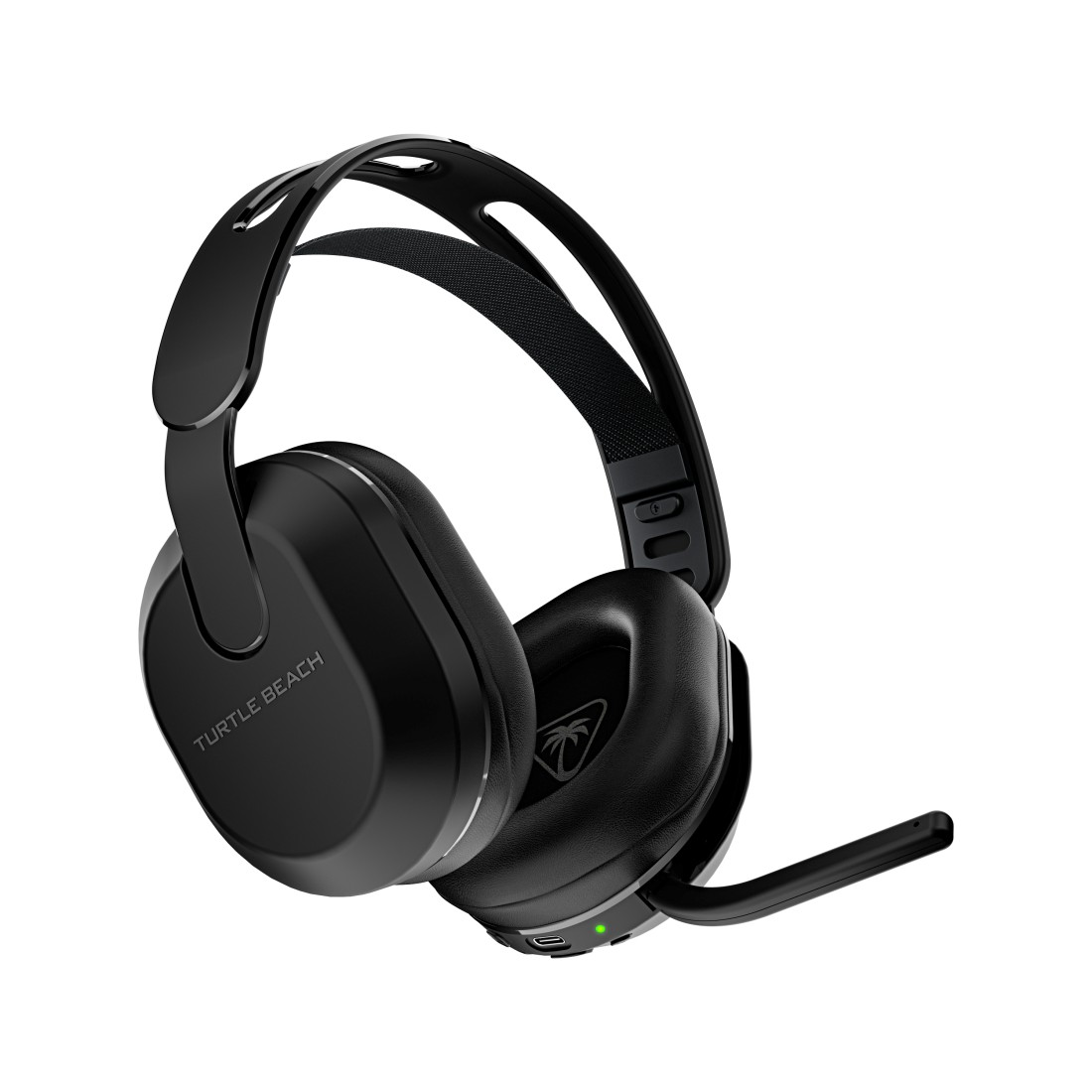Schwarzes Gaming-Headset mit Mikrofon. Isoliert auf weißem Hintergrund. Seitenansicht.