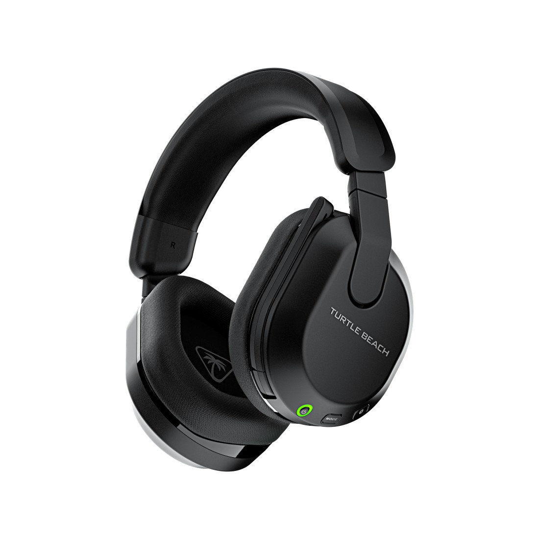 Schwarzes Gaming-Headset mit grünem Einschaltknopf, auf weißer Oberfläche.