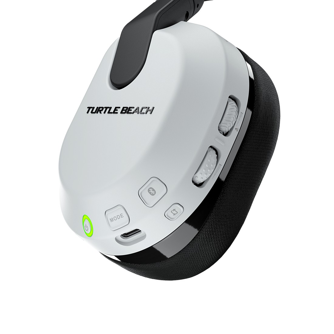 Weißes und schwarzes Turtle Beach Gaming-Headset mit Tasten, Lautstärkereglern und Mikrofon.