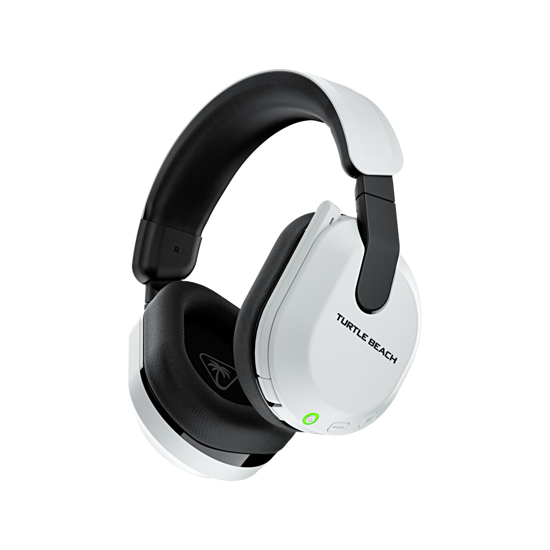 Weißes und schwarzes Gaming-Headset mit Turtle Beach Logo und grüner Power-Anzeige.