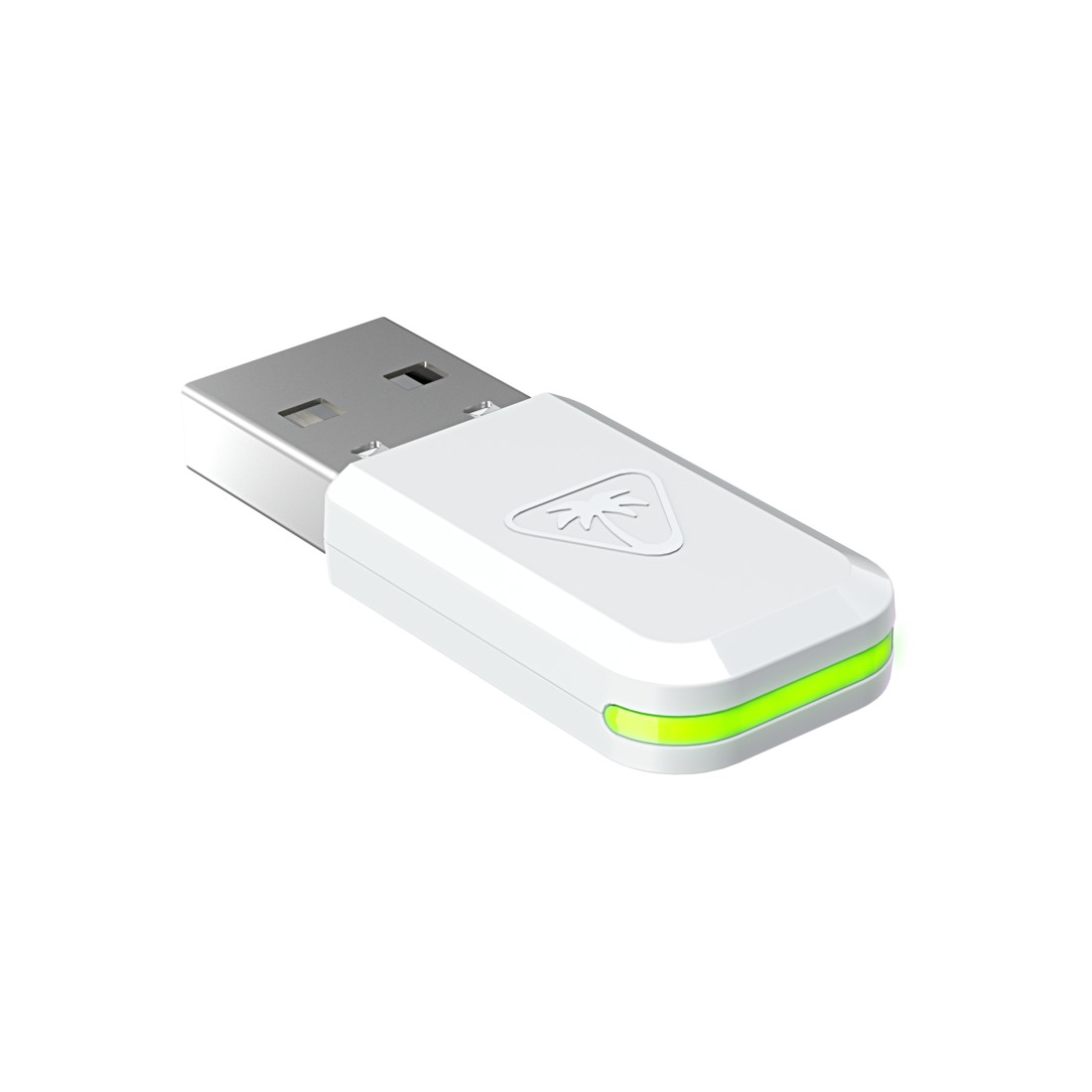 Ein weißer USB-Dongle mit einem grünen Licht auf einer Seite.
