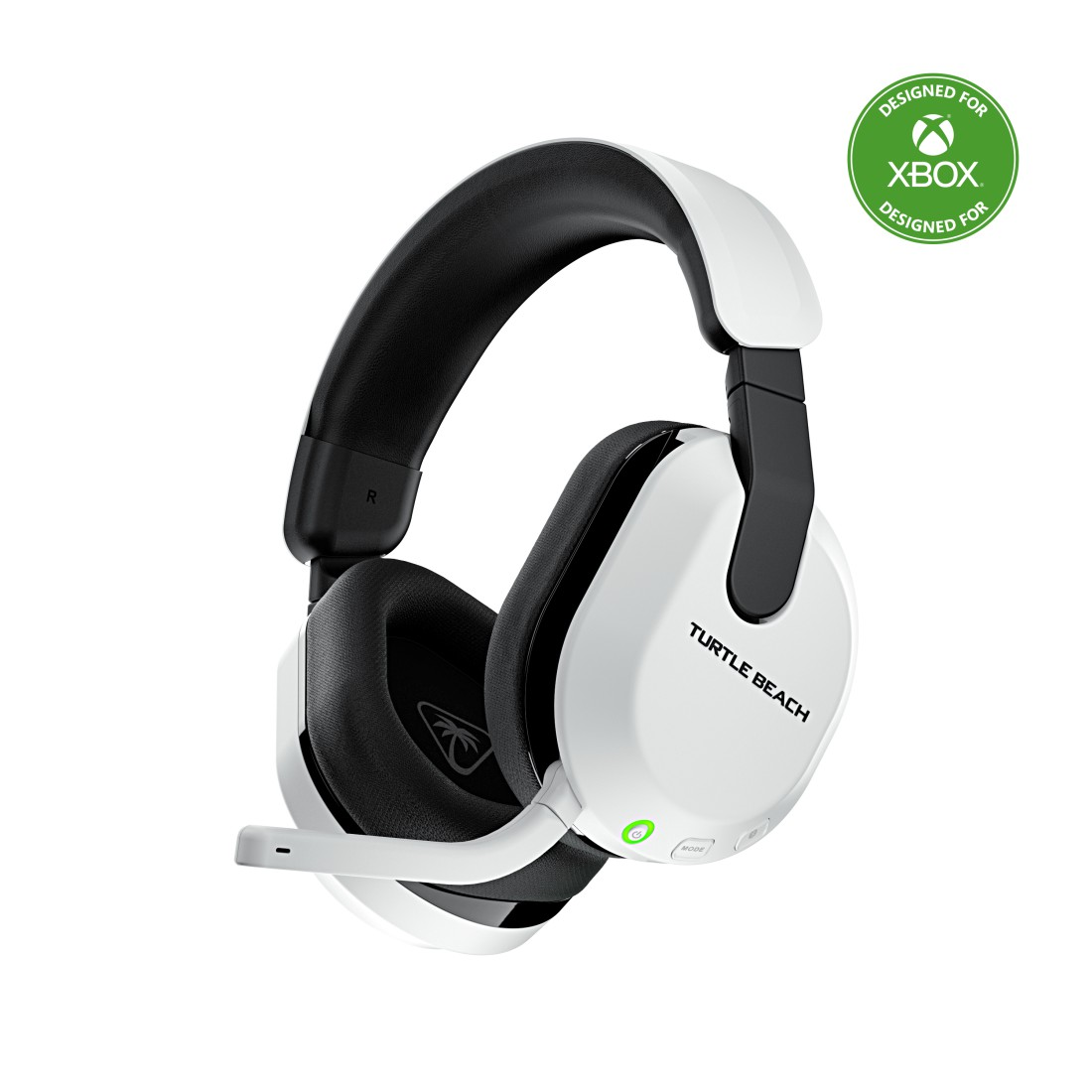 Weißes und schwarzes Turtle Beach Headset mit Mikrofon und Xbox-Logo auf weißem Hintergrund.