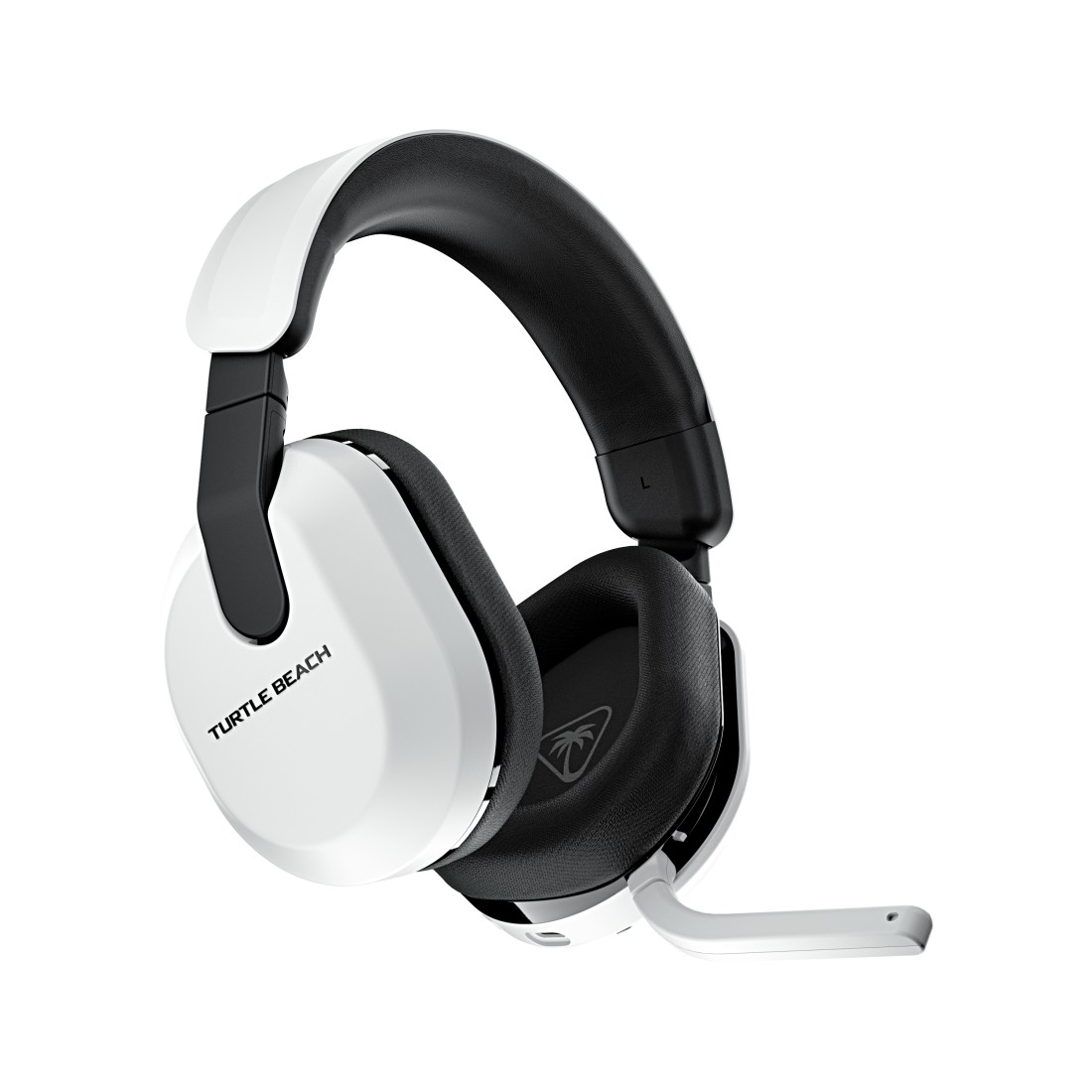 Weißes und schwarzes Turtle Beach Headset mit Mikrofon. Das Headset ist abgewinkelt.