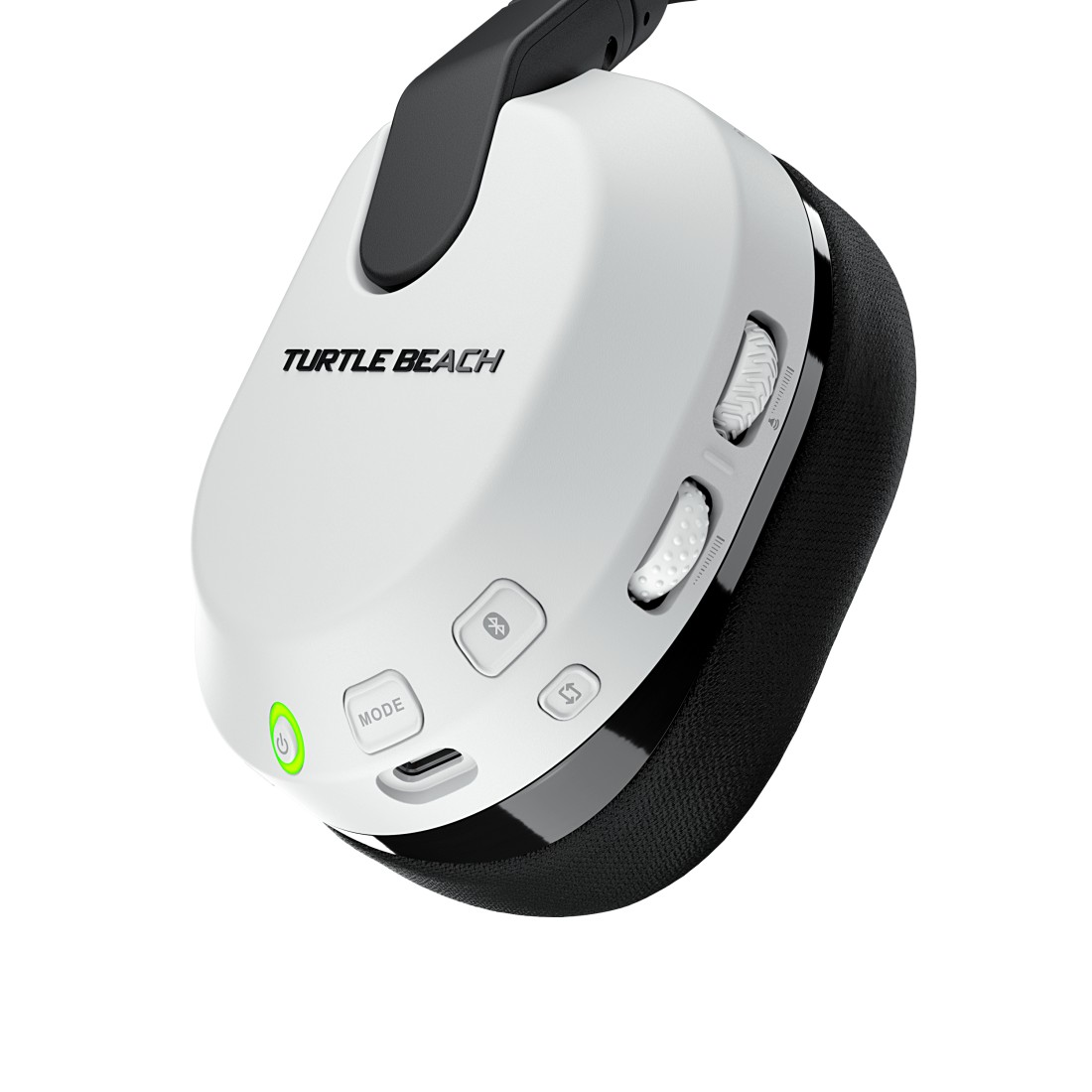 Weißes Gaming-Headset mit Bedienelementen, Turtle Beach Logo und grüner Betriebsanzeige.