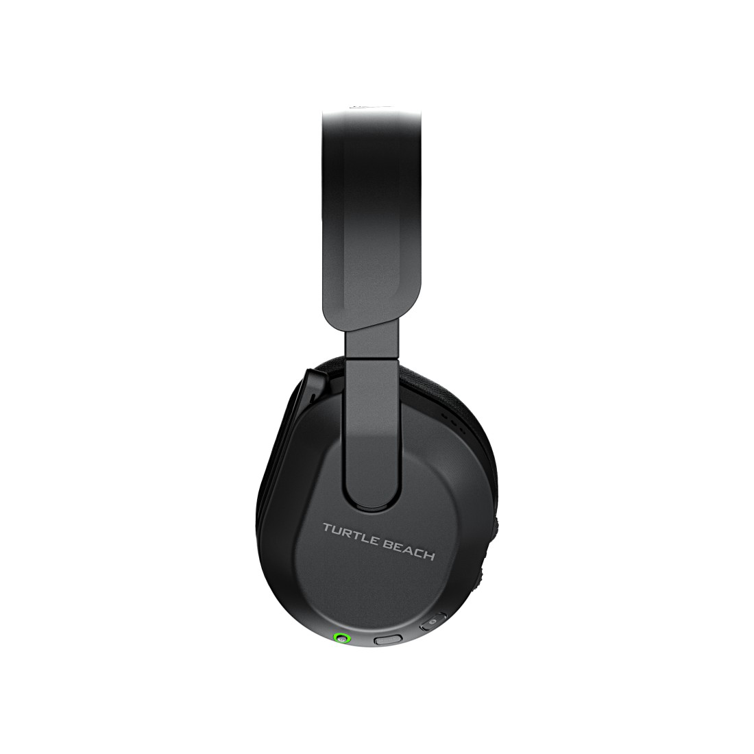 Schwarzes Turtle Beach Headset, Seitenansicht, mit sichtbarem Markennamen.