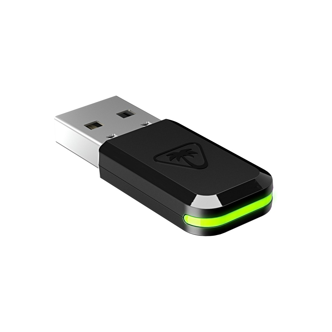 Ein schwarzer USB-Dongle mit Logo und grünem Licht wird gezeigt.