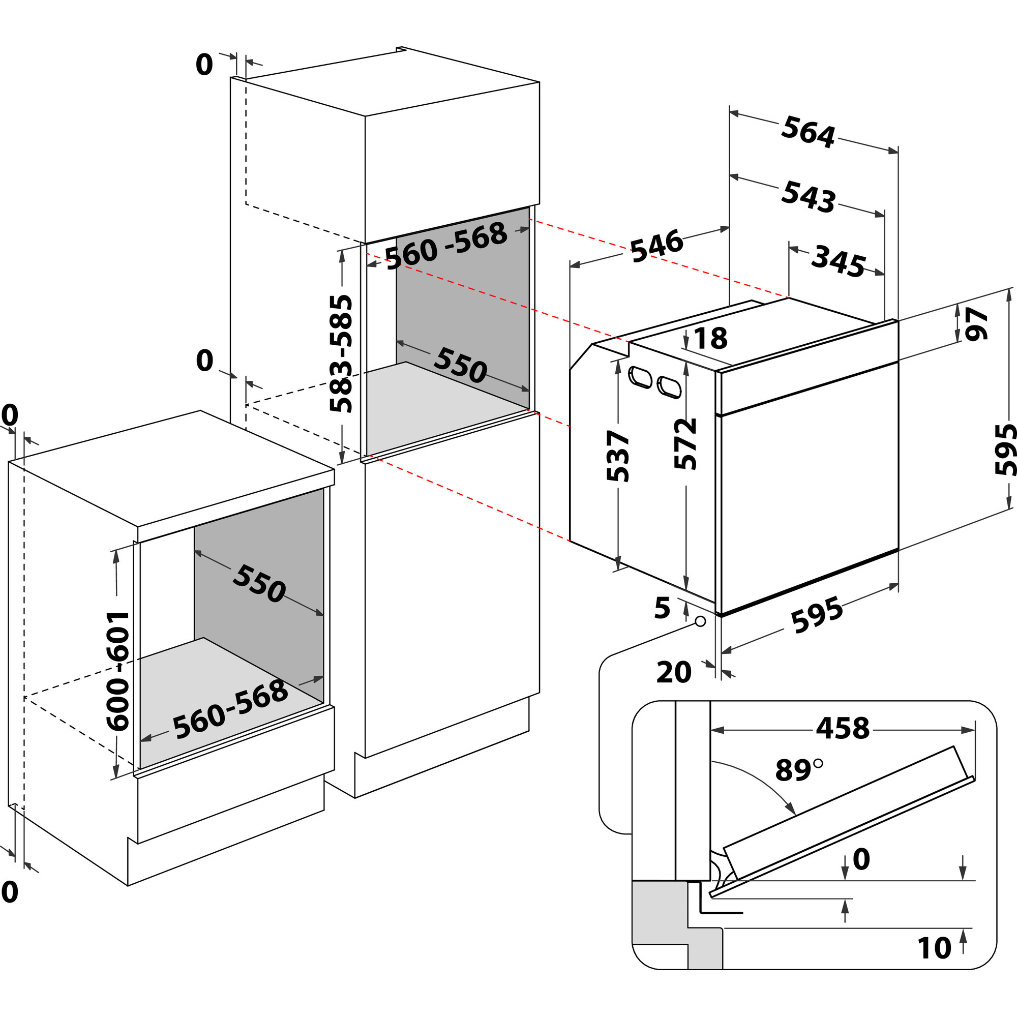 Diagramm des Einbauofens und der Mikrowelle mit Abmessungen. Schwarze Linien und Text auf weißem Hintergrund.