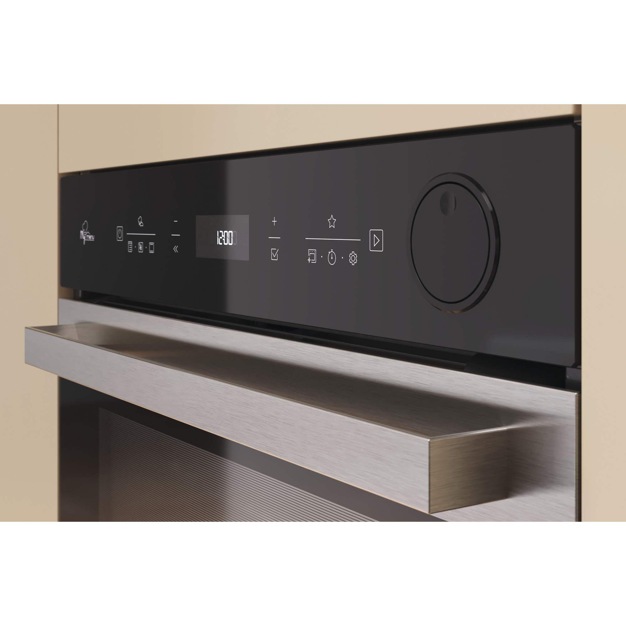 Schwarzes Backofen-Bedienfeld mit Griff. Zeigt Zeit, Symbole und ein Zifferblatt.