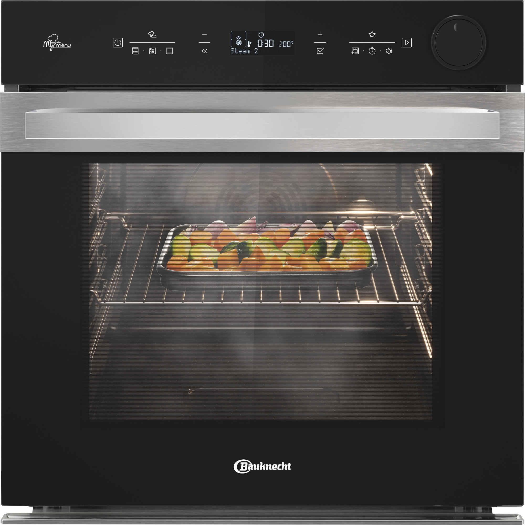 Schwarzer Backofen mit einem Blech mit gekochtem Essen, das durch die Glastür sichtbar ist.