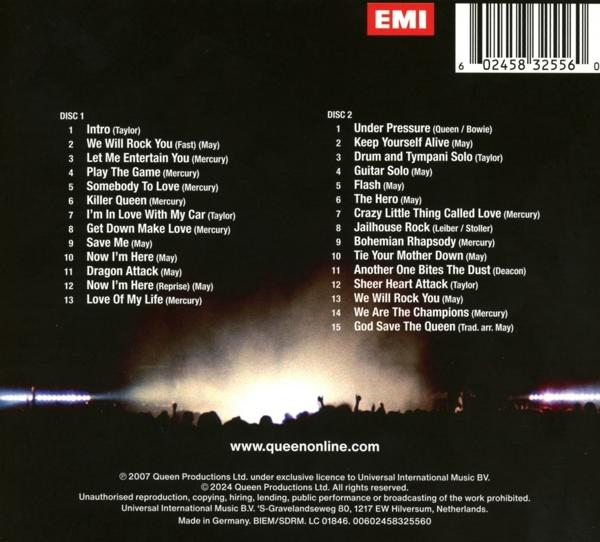 CD-Albumcover mit Titellisten, mit Queen-Album. Text und Logos sind sichtbar.