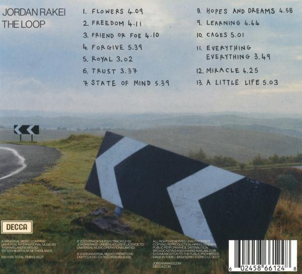 Das Albumcover von Jordan Rakeis „The Loop“ mit Titelliste links und Straßenschild rechts.
