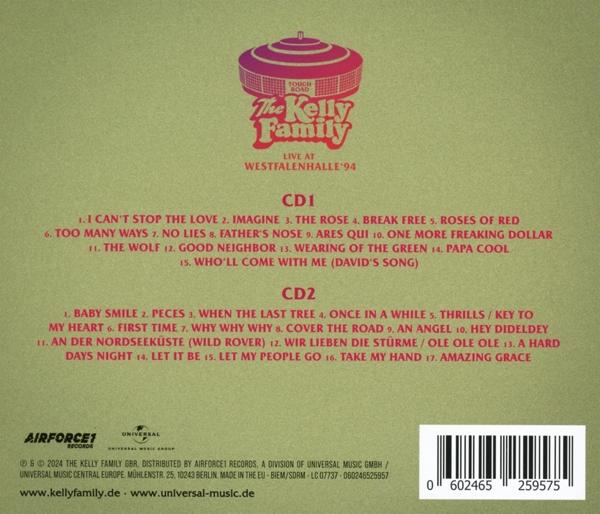 Rückseite einer Kelly Family CD. Roter und rosafarbener Text auf olivgrünem Hintergrund.