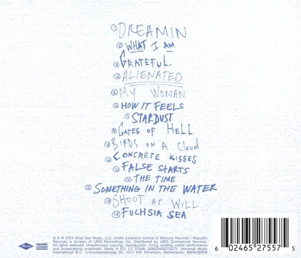 Albumcover mit Titelliste auf blauem Hintergrund. Handschriftliche Songtitel und Barcode unten.