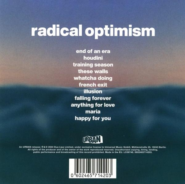 Albumcover mit dem Text 'radical optimism' und Songtiteln, mit verschwommenem Hintergrund.