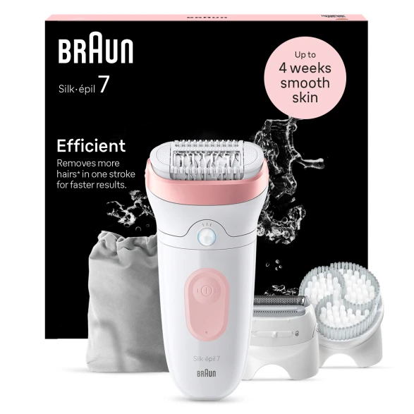 Epilator Braun Silk-épil 7, biało-różowy, z akcesoriami, na czarnym tle.