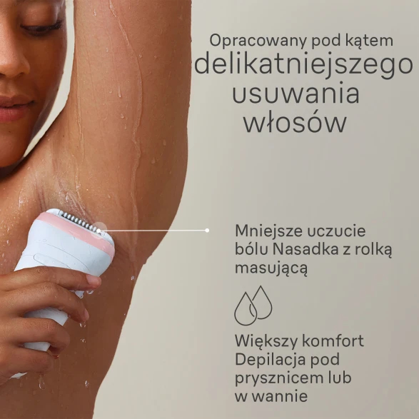 Kobieta używa depilatora pod pachą. Polski tekst opisuje cechy produktu.