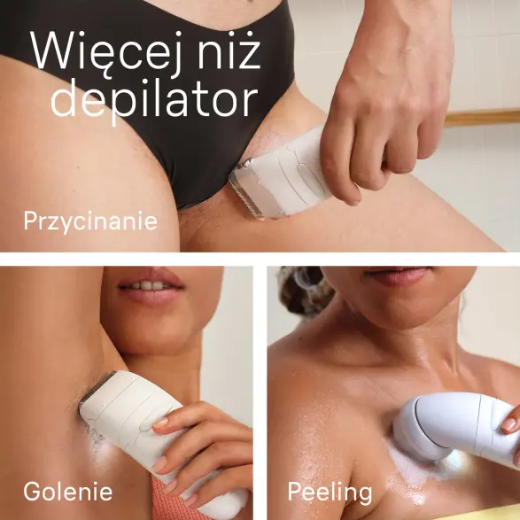 Trzy obrazy: przycinanie, golenie pachy i złuszczanie skóry depilatorem.