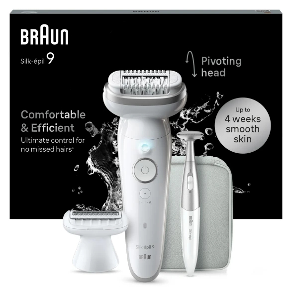 Depilator Braun Silk-épil 9 i akcesoria na ciemnym tle. Tekst podkreśla komfortową i wydajną depilację.