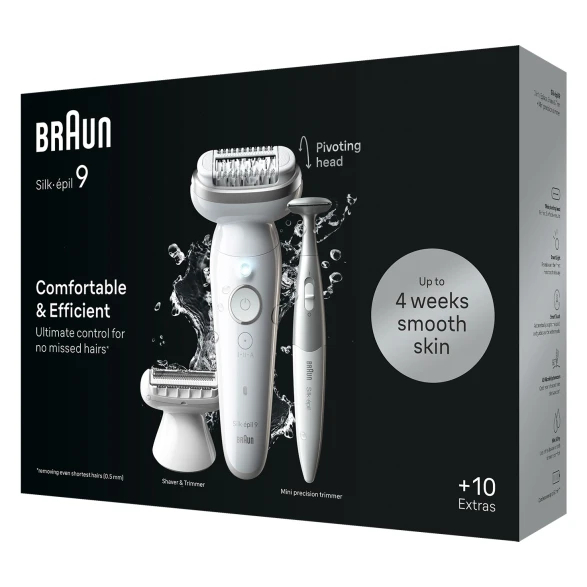 Depilator Braun Silk-épil 9 i akcesoria na czarnym tle. Tekst pokazuje korzyści, takie jak gładka skóra przez tygodnie.