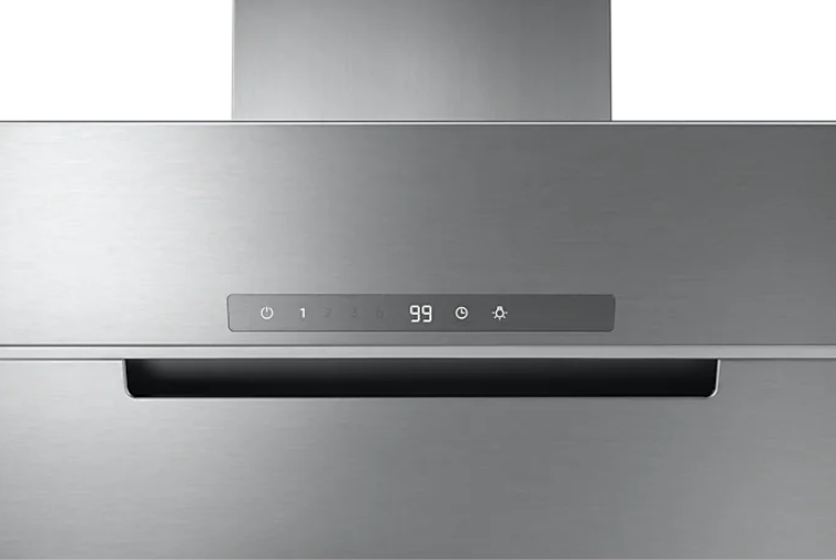 Okap ze stali nierdzewnej z cyfrowym wyświetlaczem z liczbami i ikonami.