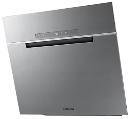 Srebrny okap z cyfrowym wyświetlaczem, lekko pochylony do góry.