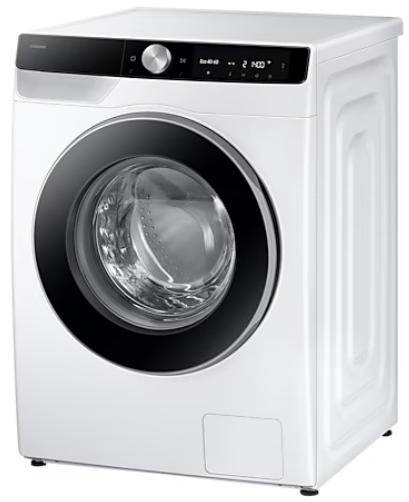 Biała pralka z czarnymi drzwiami.