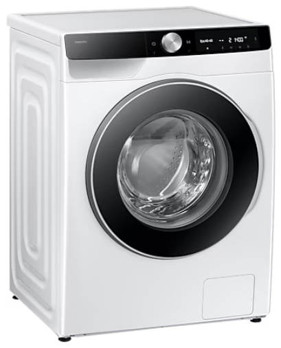 Biała pralka z czarnymi drzwiami i panelem sterowania. Jest skierowana w prawo.