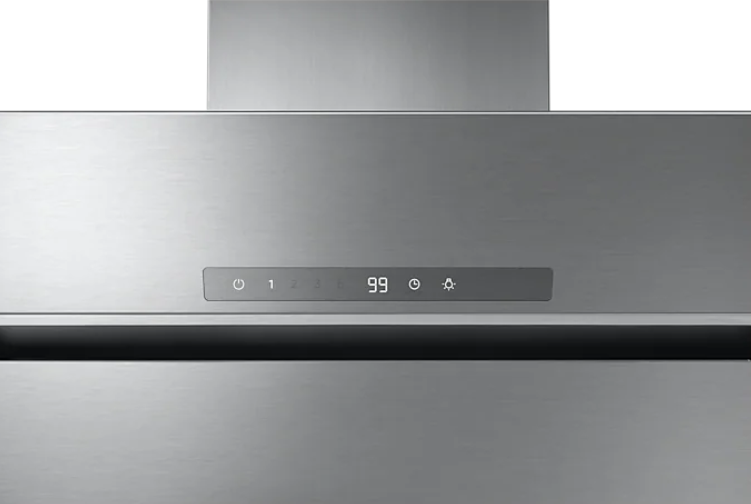 Okap ze stali nierdzewnej z cyfrowym wyświetlaczem. Pokazuje liczby i symbole. Z włącznikiem, światłem i timerem.