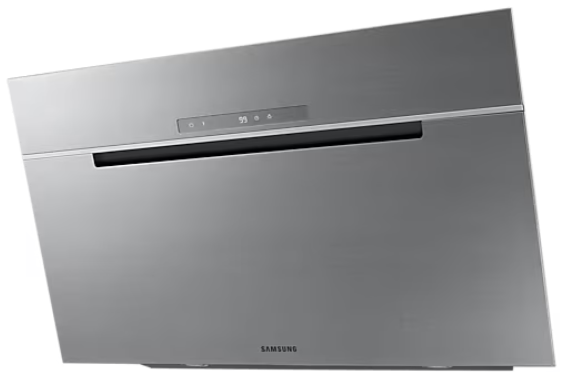 Okap ze stali nierdzewnej z panelem sterowania i logo Samsung.