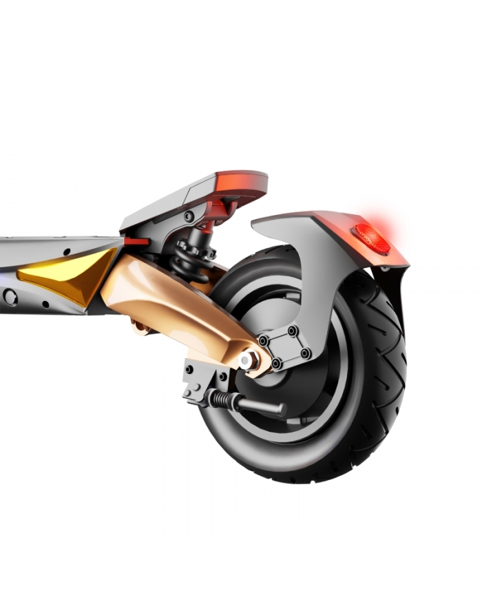 Tylne koło i zawieszenie hulajnogi elektrycznej, z czerwonym światłem tylnym.