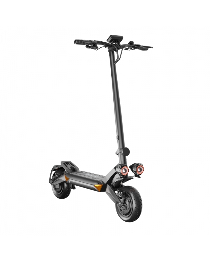 Czarny skuter elektryczny, widok z przodu. Ma czarną ramę, dwa światła i czarne koła. Kierownica jest na górze.