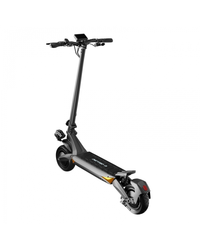 Czarno-szara hulajnoga elektryczna na białym tle, tyłem. Widoczne kierownica, siedzenie i koła.