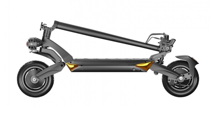 Czarno-szara hulajnoga elektryczna, widok z boku, na białym tle.