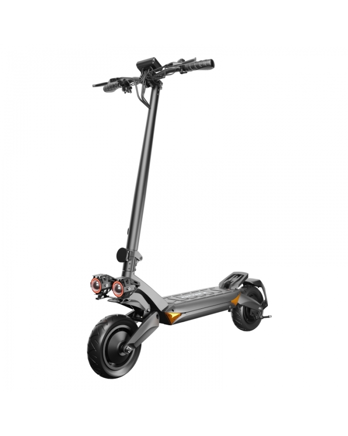 Czarna i szara hulajnoga elektryczna z przednimi i tylnymi światłami.