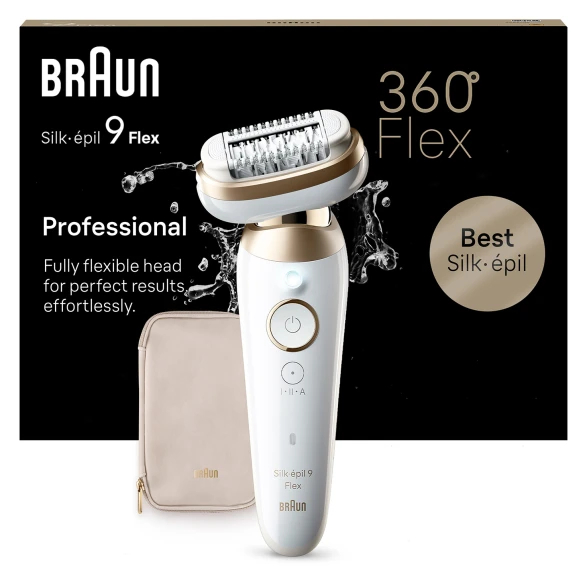 Braun Silk-épil 9 Flex z kosmetyczką, rozpryskami wody.