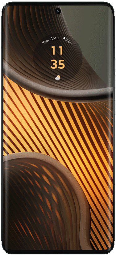 Smartfon ze wzorzystym złotym tyłem. Ekran pokazuje godzinę i datę.