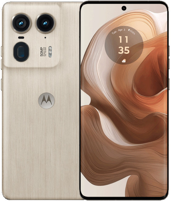 Beżowy telefon Motorola po lewej, pokazujący tył. Wyświetlana jest godzina i data. Rozmyte tło.