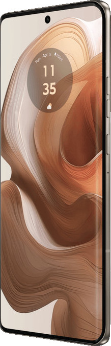 Smartfon w kolorze srebrnym. Ekran wyświetla abstrakcyjny, brązowy wzór.