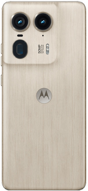 Tył jasnobeżowego telefonu z potrójnym aparatem i logo Motorola.