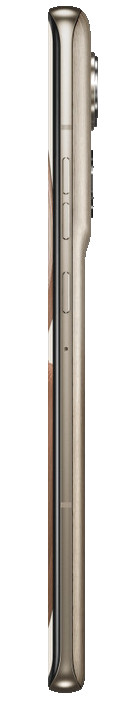 Widok z boku telefonu. Jest jasnobrązowy z przyciskami z boku.