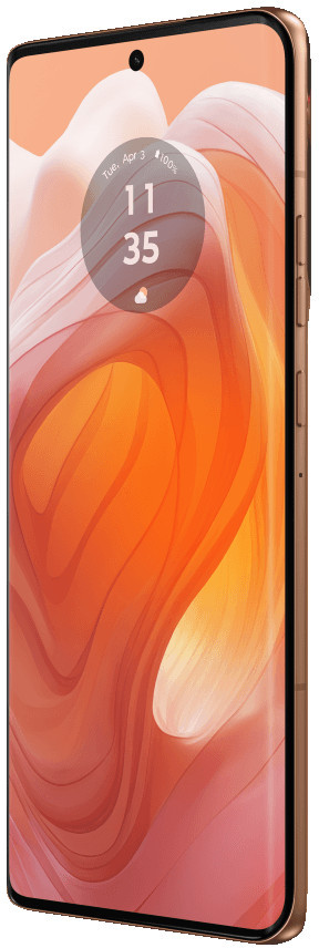 Złoty smartfon z zakrzywionym ekranem wyświetlającym zegar. Tło to abstrakcyjny pomarańczowo-biały wzór.