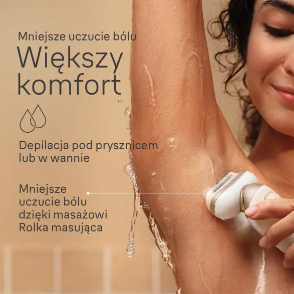 Kobieta używa depilatora pod pachą, z tekstem o komforcie i mniejszym bólu.