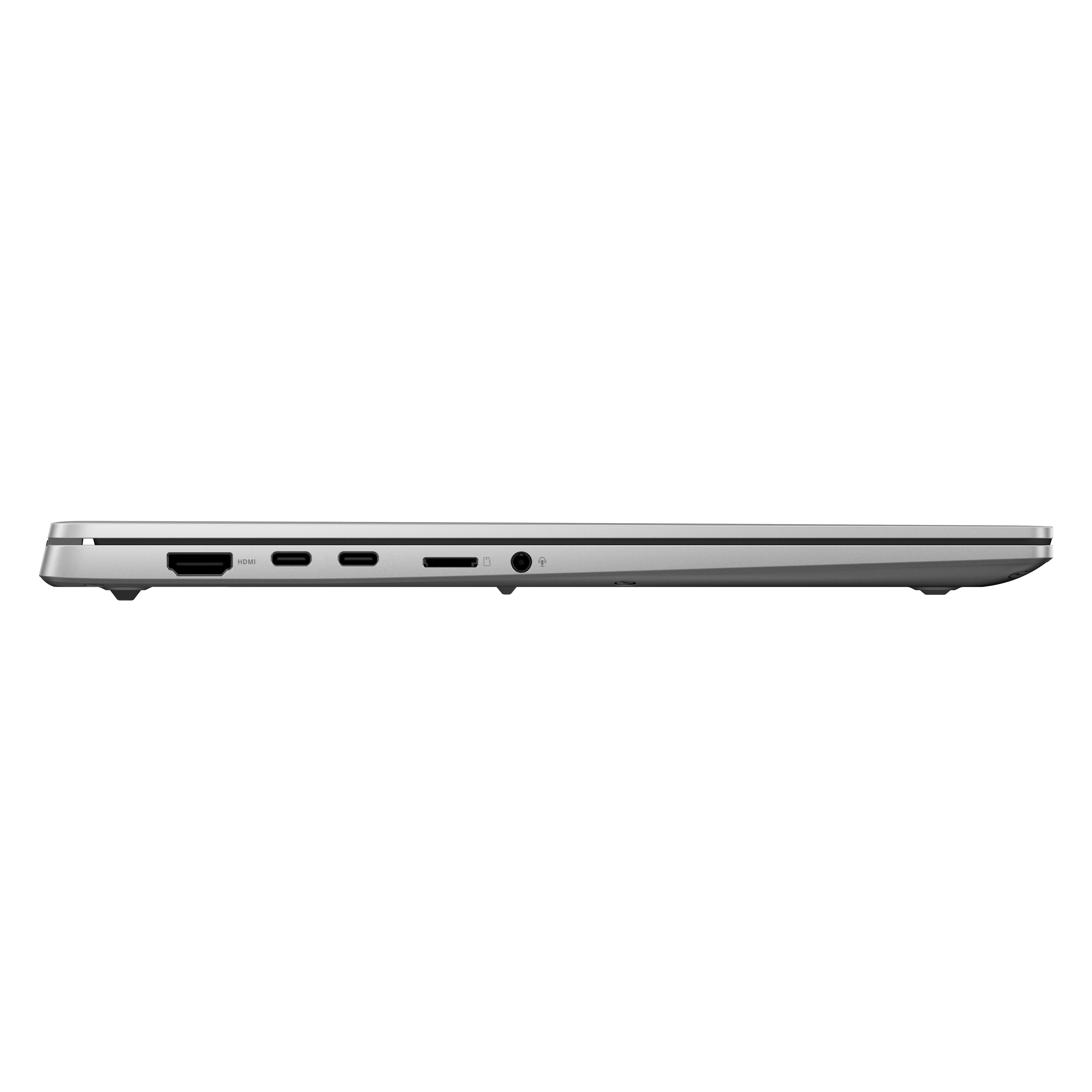 Silbernes Laptop-Profil, Anschlüsse sichtbar: HDMI, USB, Audio und SD-Kartensteckplatz.