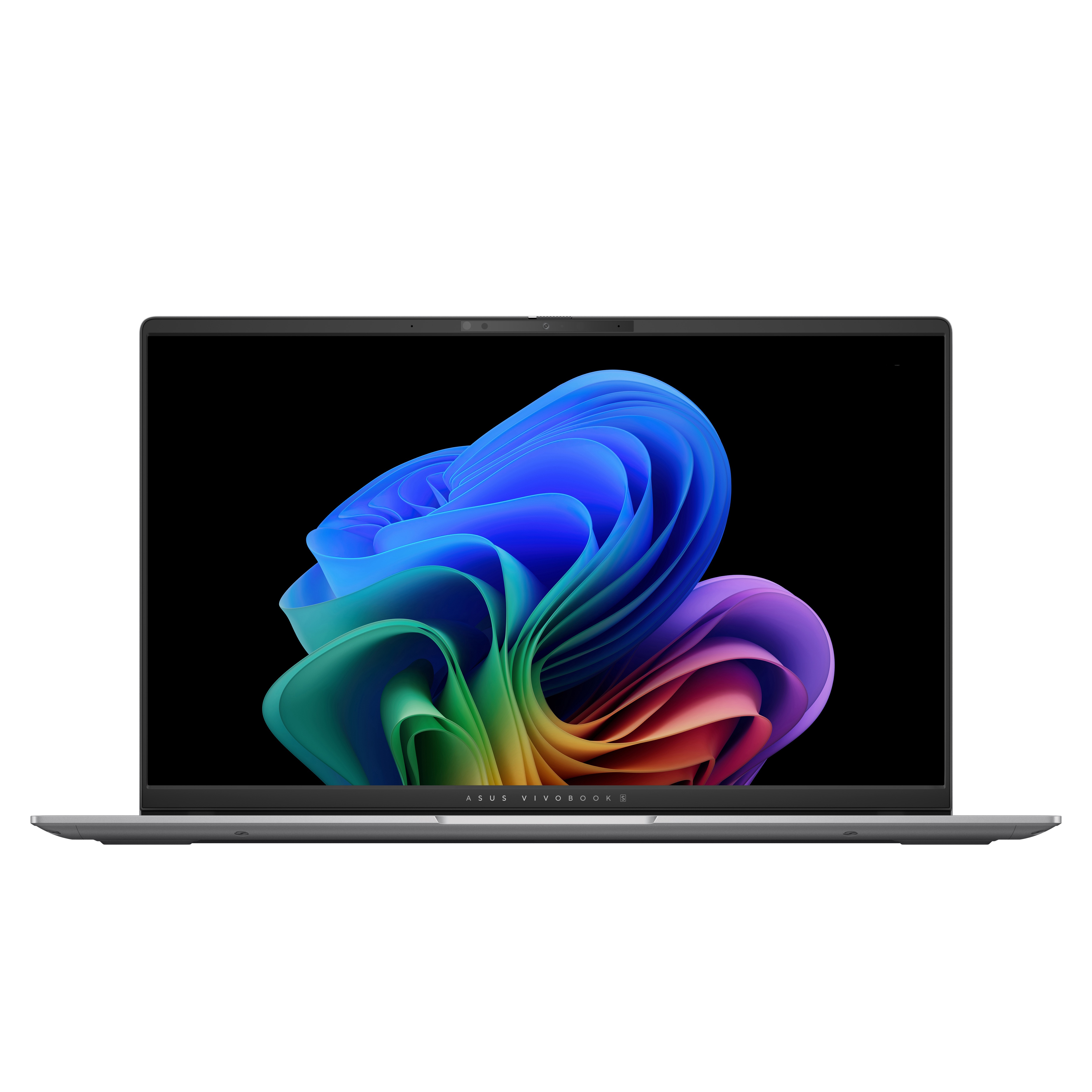 Asus Vivobook Laptop, offen, mit farbenfrohem abstraktem Design auf dem Bildschirm.