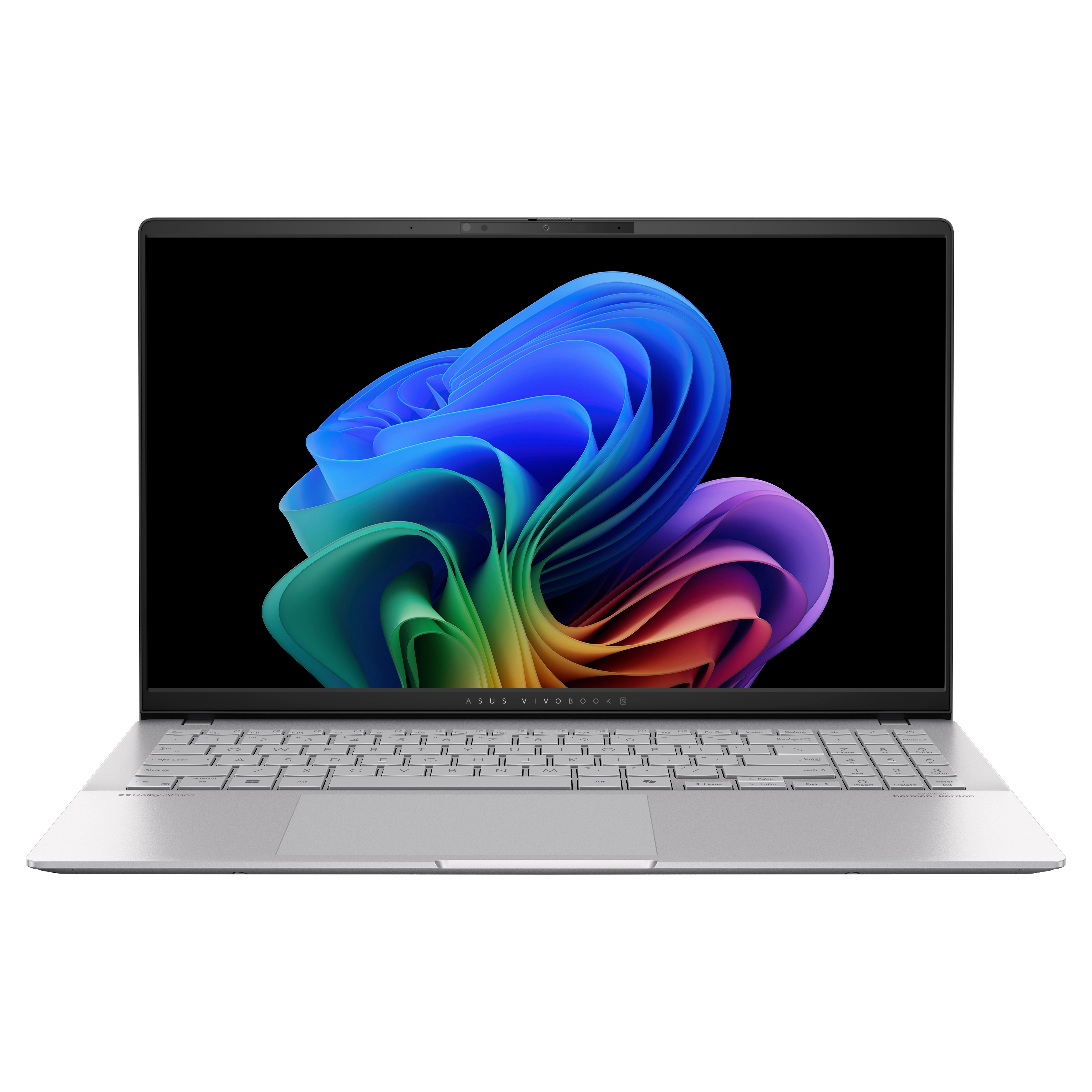 Ein silberner Laptop mit einem bunten abstrakten Display auf schwarzem Bildschirm.