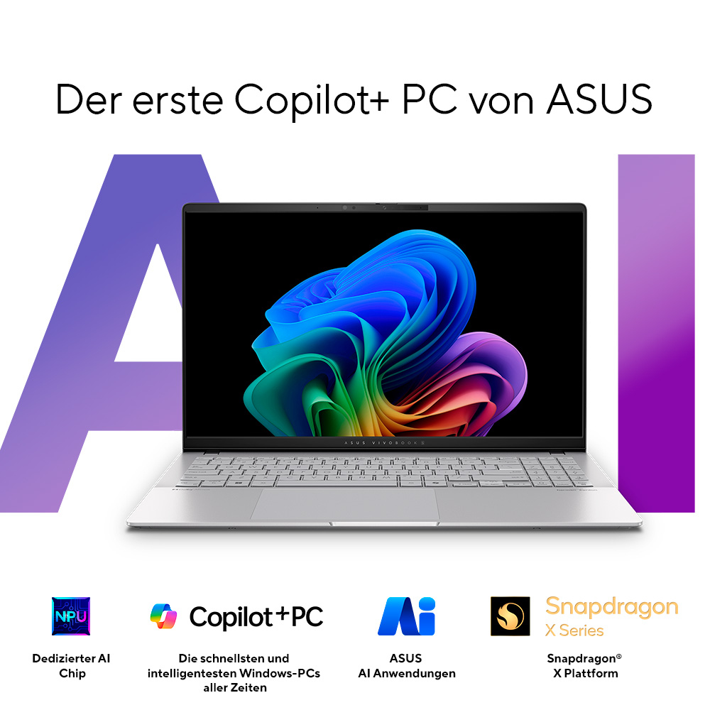 Silberner Laptop mit farbenfrohem Bildschirm und Text: Der erste Copilot+ PC von ASUS. Weißer Hintergrund.